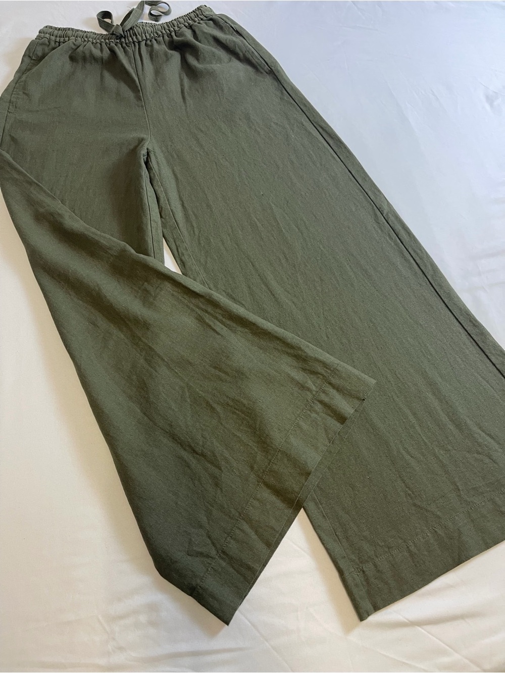 Max Studio London Linen Blend Pants Olive Green Wide Leg Elastic Waist Size S